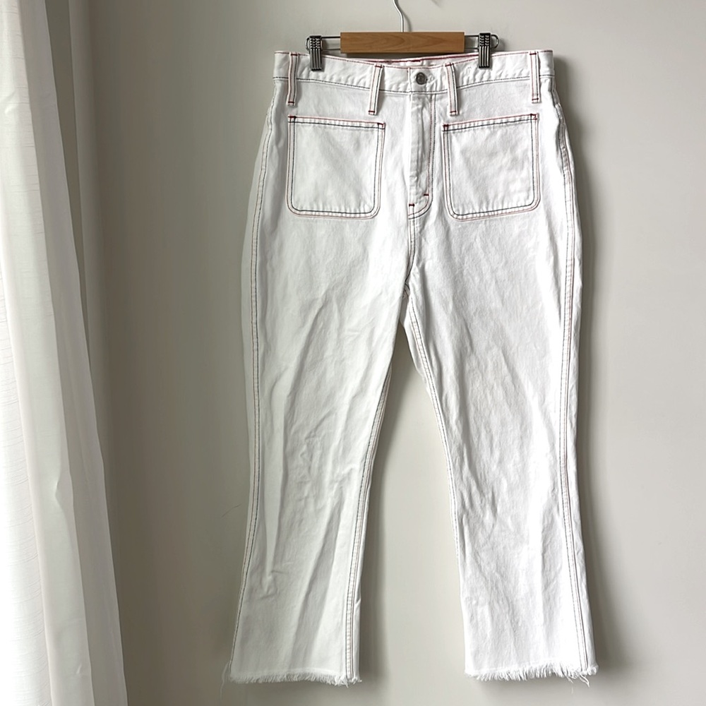 Madewell Rigid Demi Boot Crop White Jeans w/Exposed Red & Blue Stitching Size 30